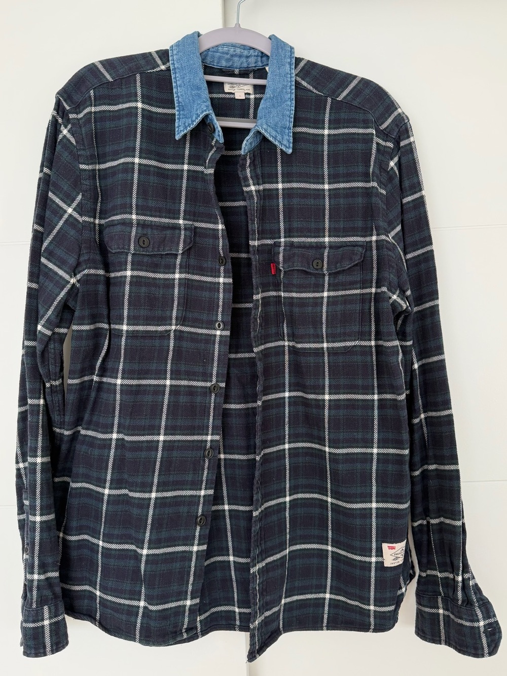 Men’s Levi's Dark Navy Plaid Button-Down with Denim Collar
